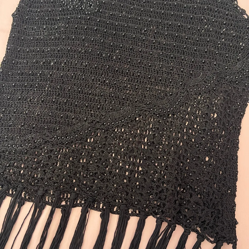 Y2K Black Beaded Floral Fringe Crochet Tank Top Size undefined - Image 5