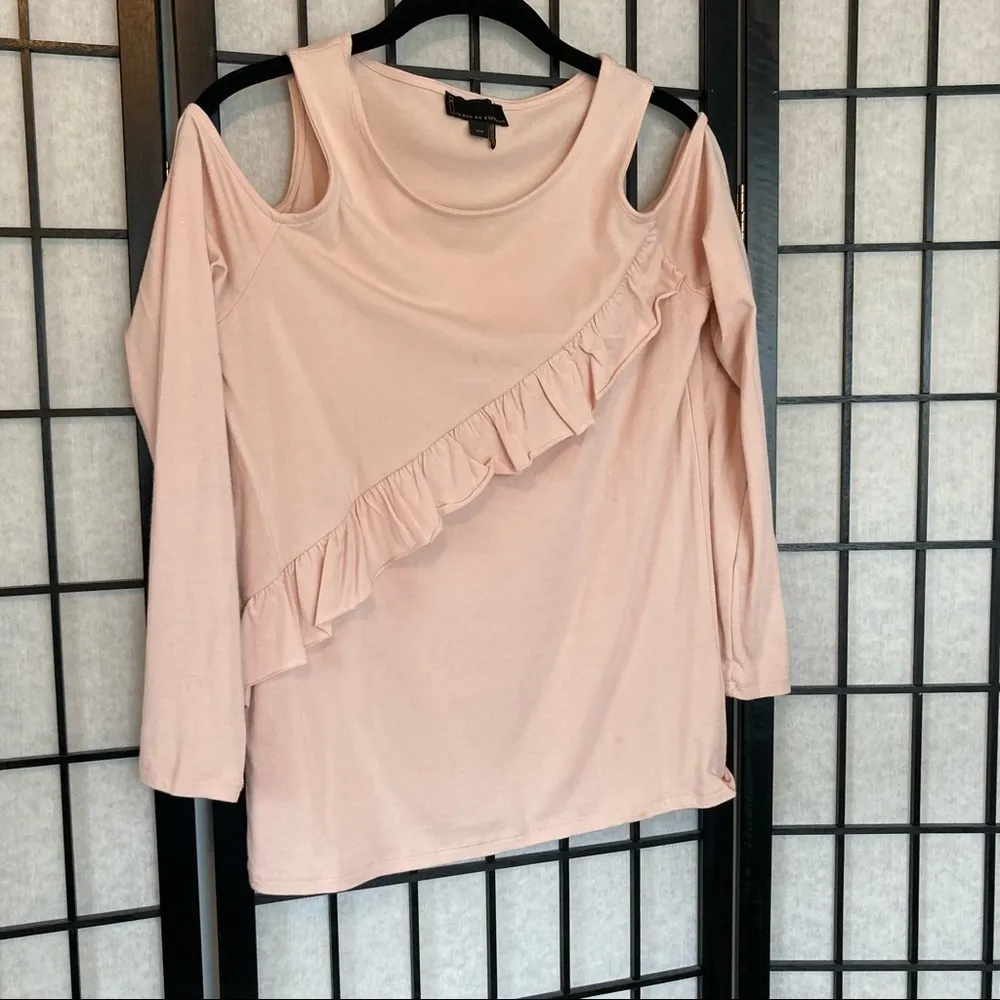 i Jeans by Buffalo Cold Shoulder Ruffle Long Sleeve Top Blouse Blush Pink Small - Image 3