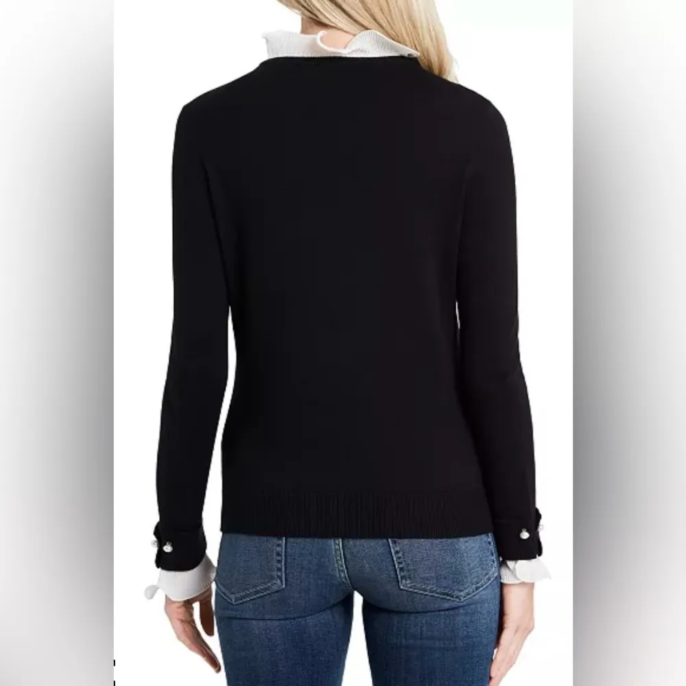 Women's Ruffle Collar & Sleeve Imitation Pearl Trim Crewneck - Image 2