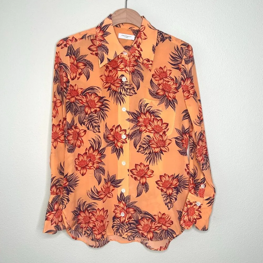 Equipment Quinne Floral Button Down in Silk Crepe de Chine Shirt Orange Size S - Image 9