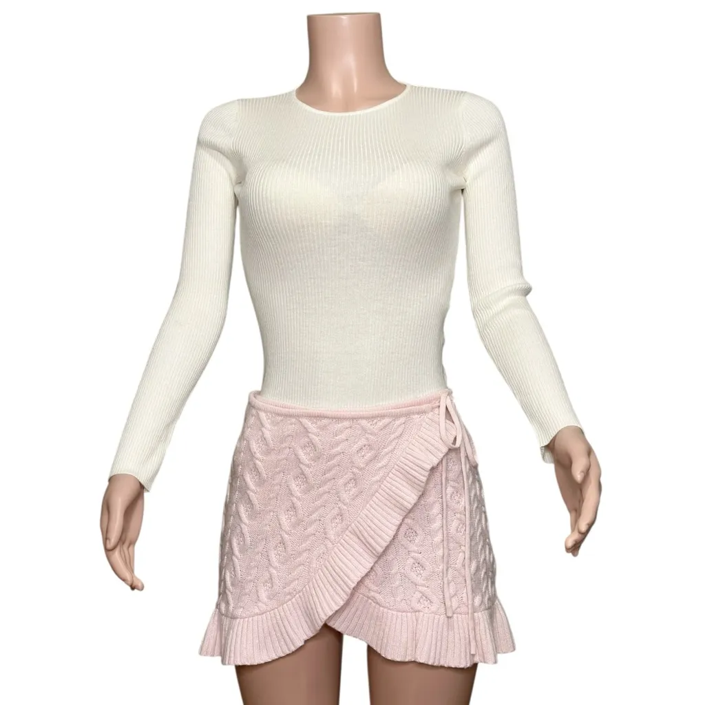GUIZIO Gemma Cable Knit Wool-Blend Wrap Mini Skirt, Pink, XS - Image 9