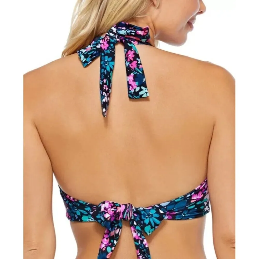 Island Escape Sunshine Halter Bikini Top Molded Cups Floral Black Blue Pink 16 - Image 2