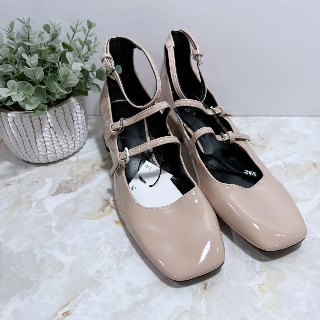 NWT Zara Block Heel Square Toe Mary Jane Faux Patent Leather‎ Shoes Size 8 - Image 2