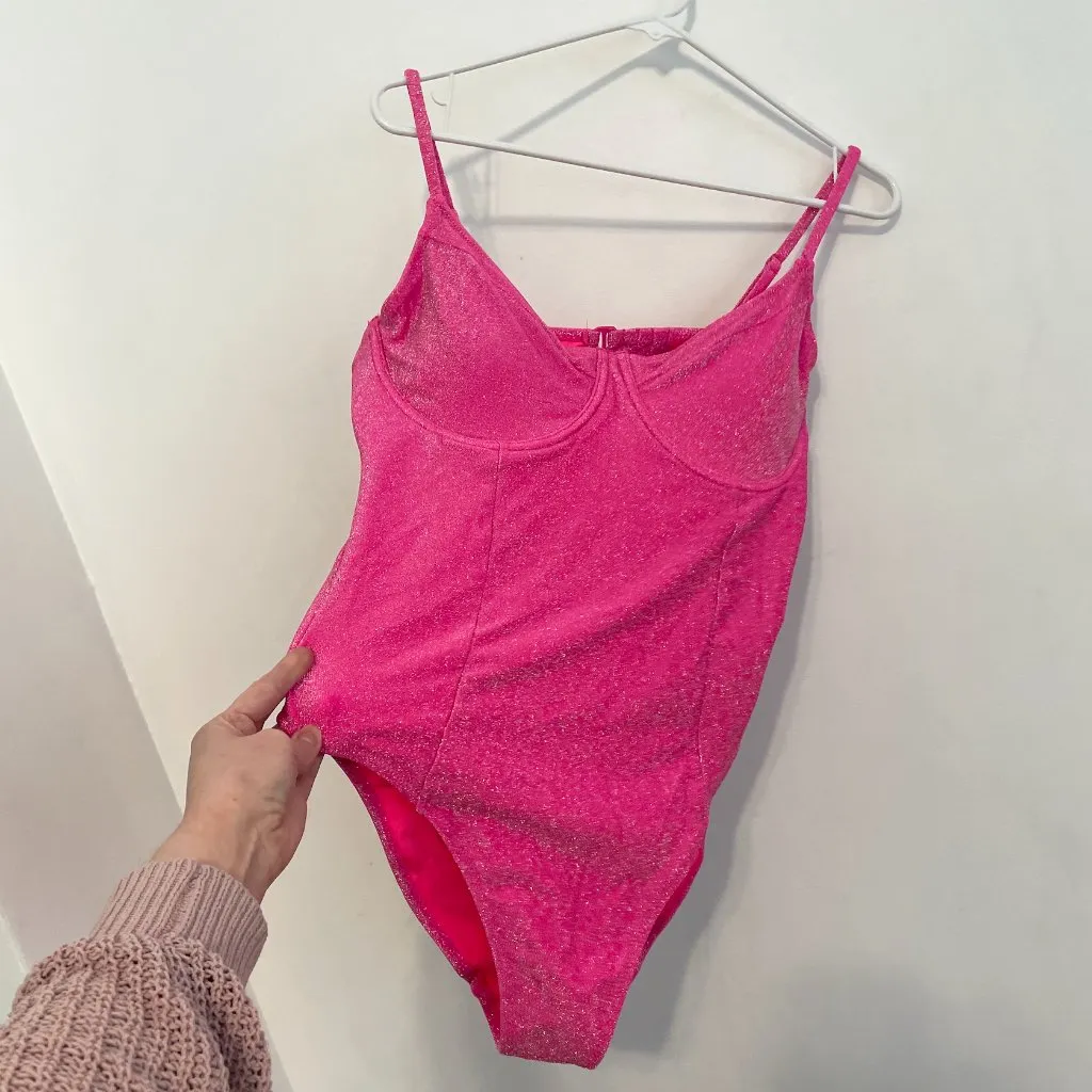 NEW NWOT GOOD AMERICAN 4 Sparkle Show Off Underwire One Piece Swimsuit Hot Pink - Image 9