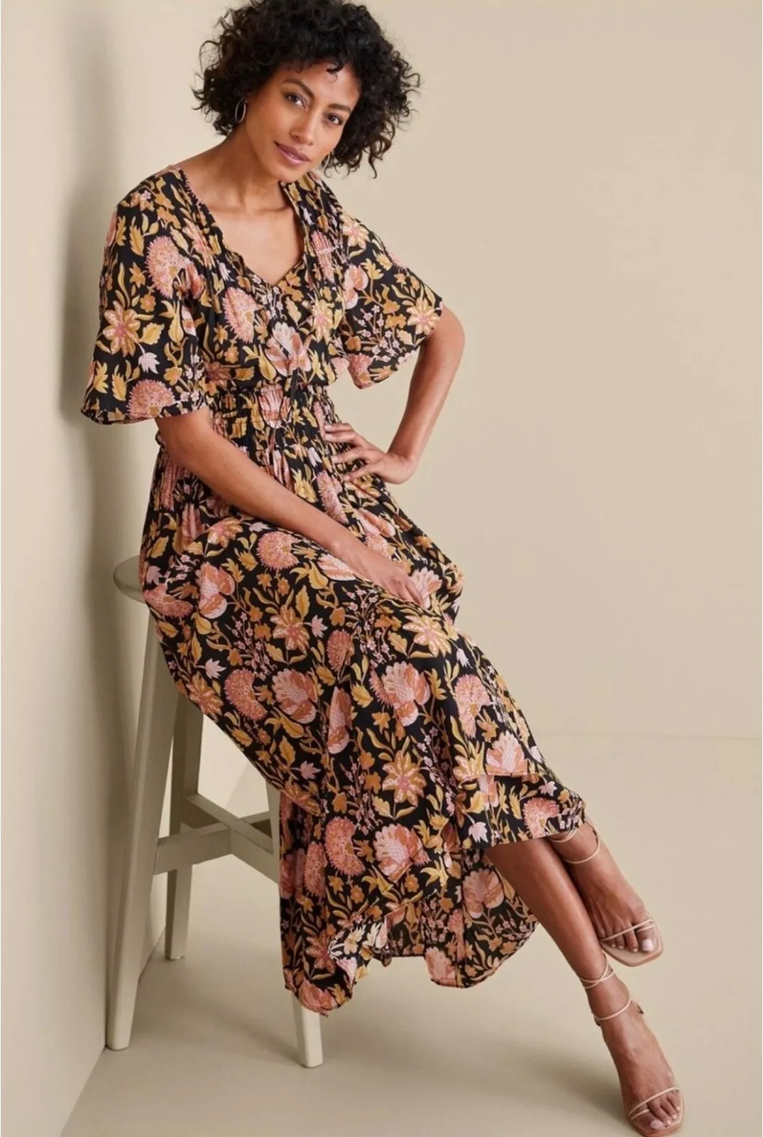 Soft Surroundings Black Floral Print Maxi Dress V Neck Flutter Sleeve Size 4 - Image 1