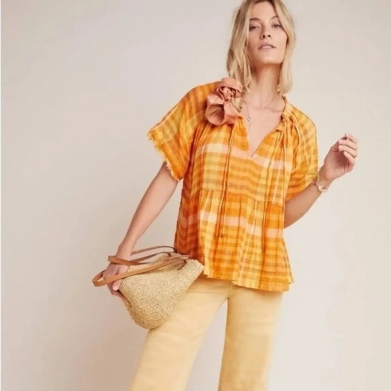 Anthro Pilcro Bette Plaid Top Tunic Medium Yellow - Image 2