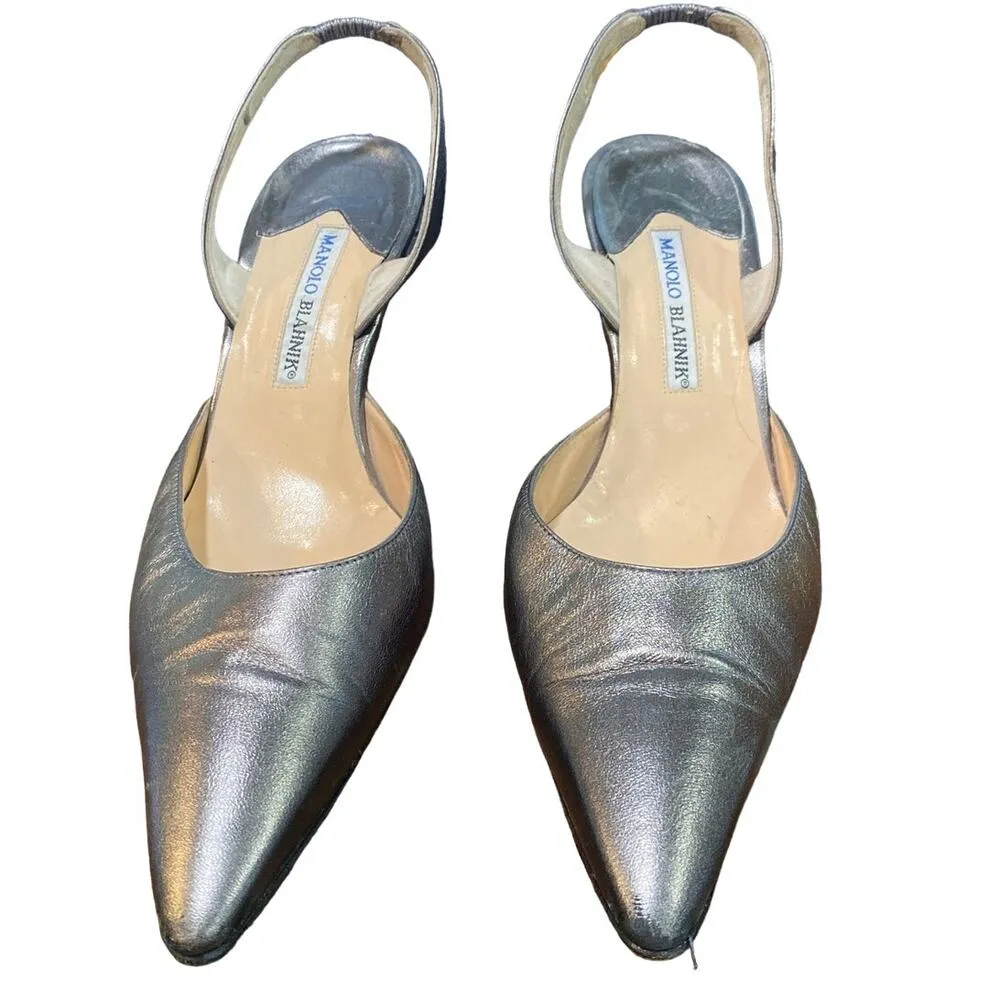 Manolo Blahnik Pewter Leather Carolyne 50 Pointed Toe Slingback Pumps Sz 41.5 - Image 3