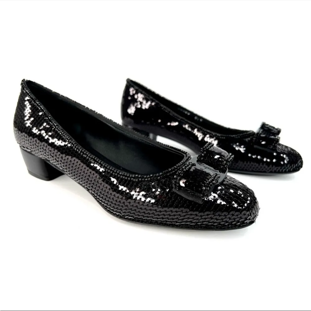 SALVATORE FERRAGAMO Vara Bow Black Sequin Block Heel Ballet Pumps Size 5 - Image 14