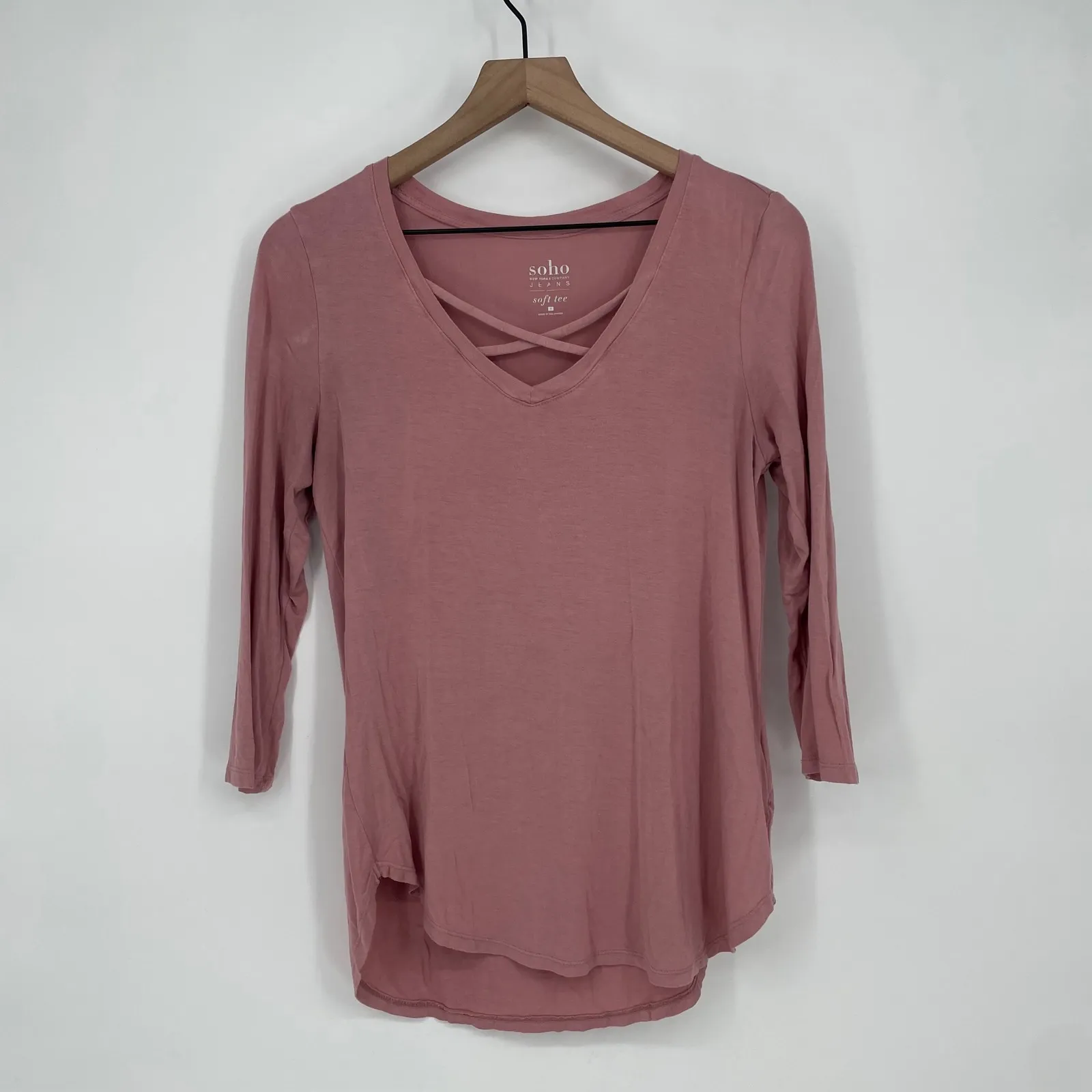 Soho New York & Company Jeans Pink Criss Cross Neck Soft Tee Shirt Size S - Image 2