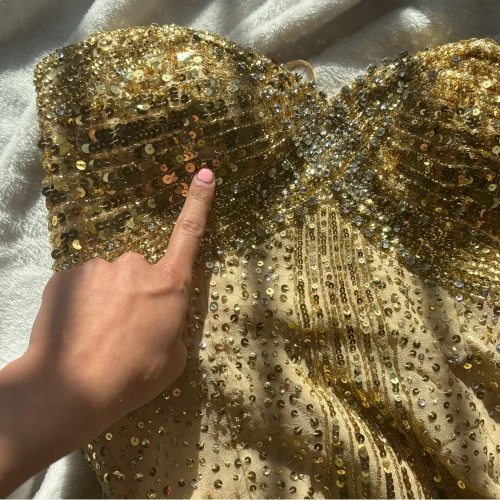 Basix Black Label Gold Sequin beaded embellished silk stone Strapless mini Dress Size 4 - Image 8