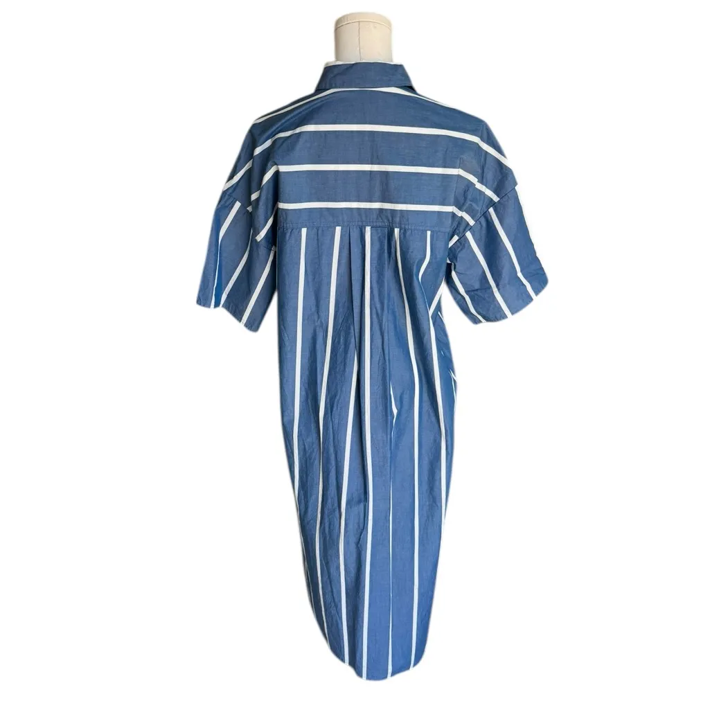 Madewell - Oversized Midi Shirtdress in Stripe Blue White Cotton Poplin Sz S - Image 6