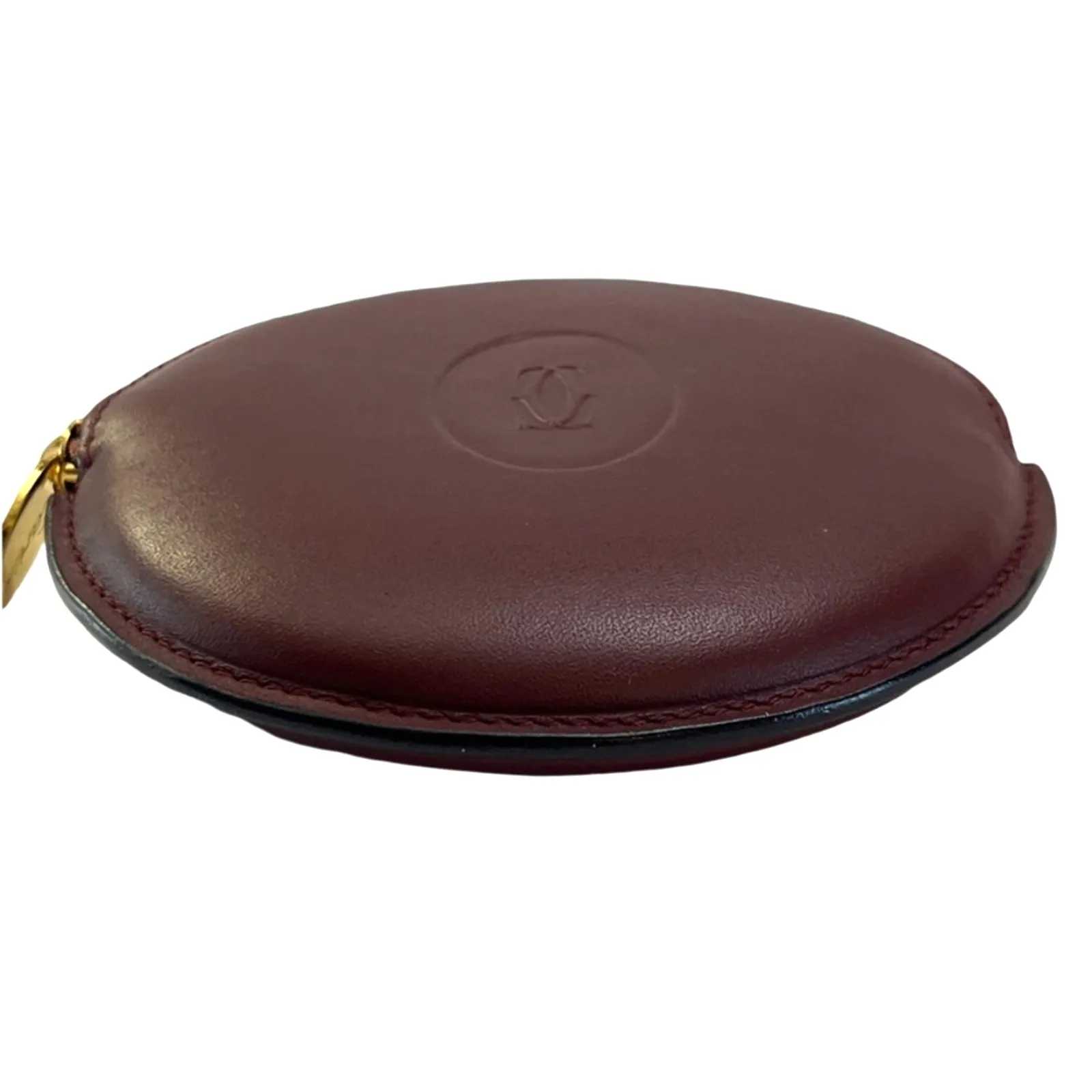 Vintage Must de Cartier Bordeaux Round Coin Purse Leather Gold Zipper Spain - Image 10