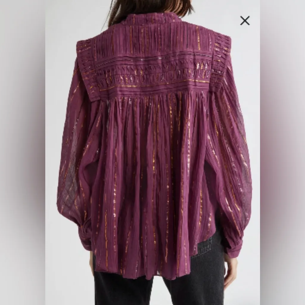 Farm Rio Burgundy Pleated Yoke Metallic Stripe Long Sleeve Button Blouse XS - Image 4