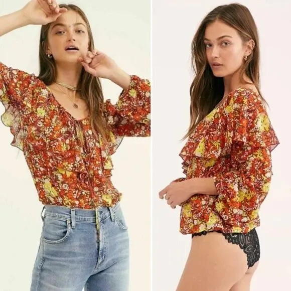 Free People Say It To Me Floral Long Sleeve Boho Bodysuit XS - Image 2