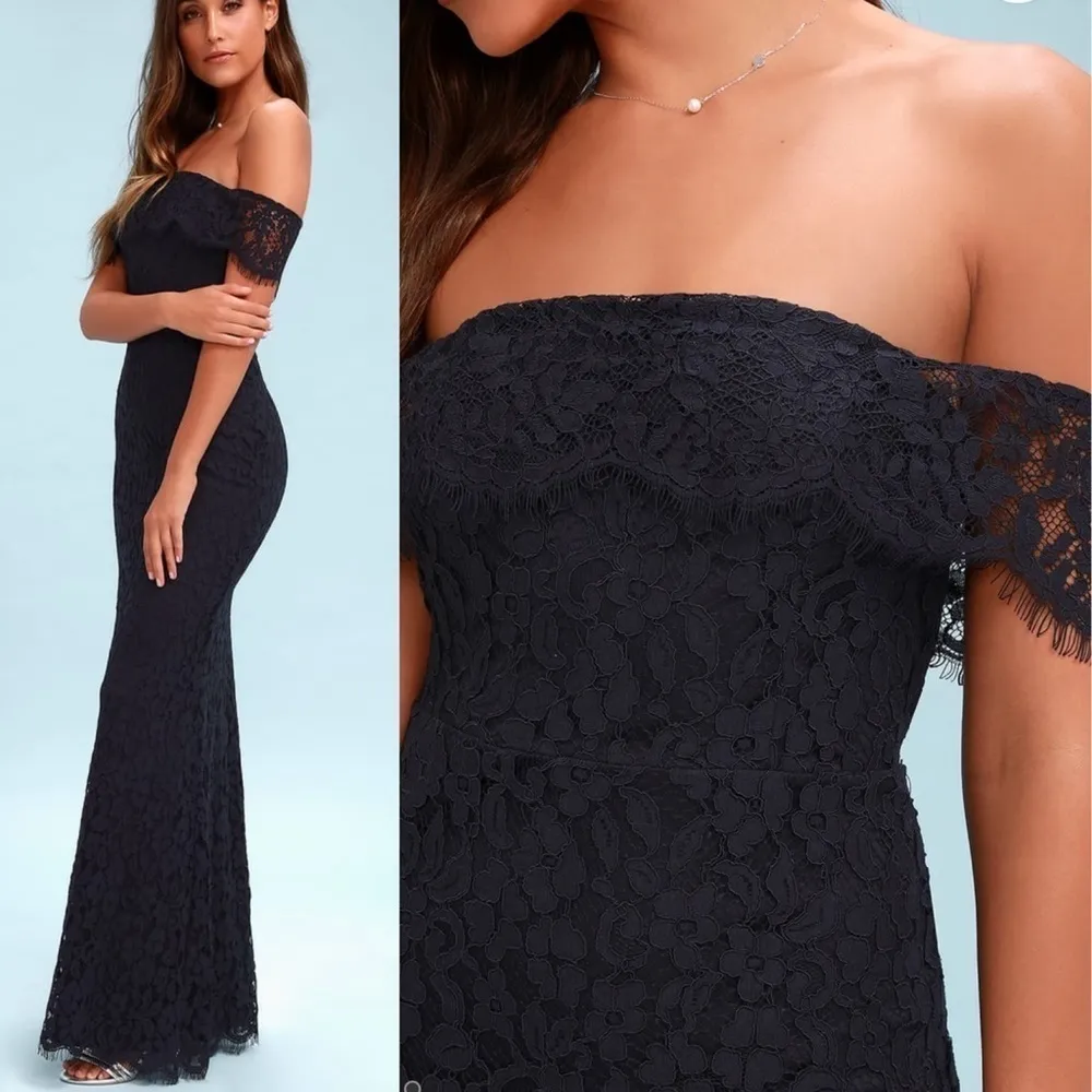 Lulus‎ Romantic Heart Lace Off-the-Shoulder Maxi Dress in Navy Blue Size Medium - Image 9