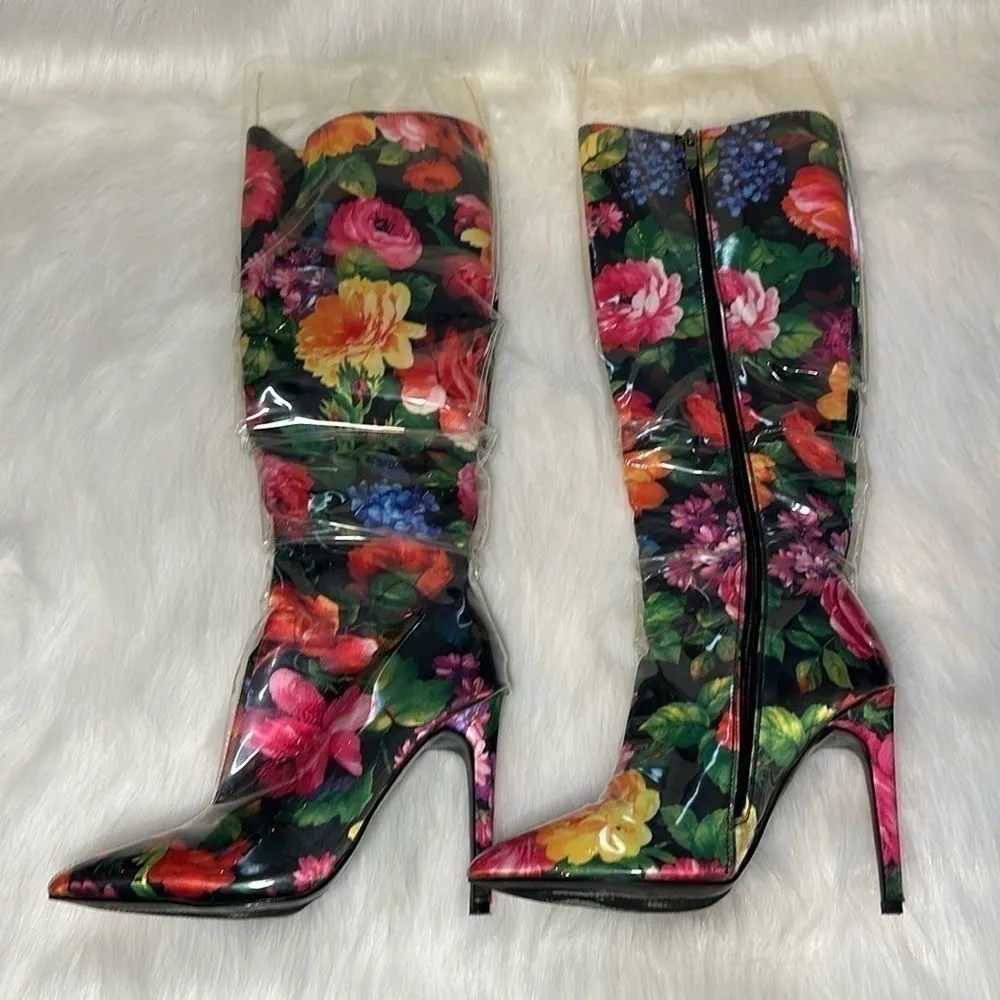 Lemon Drop by Privileged Thigh High Heel Floral Fashion Rain Boots Pink Size 8 - Image 5