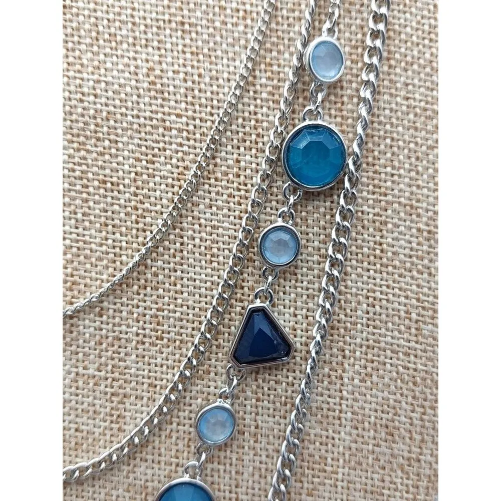 Silver Tone Multi Strand Chain Collar Necklace Shades of Blue Pendants 18" - Image 5
