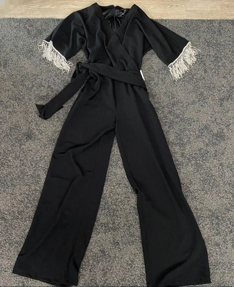 Laundry by Shelli Segal Crepe Rhinestone Fringe Jumpsuit with side pockets - Image 3