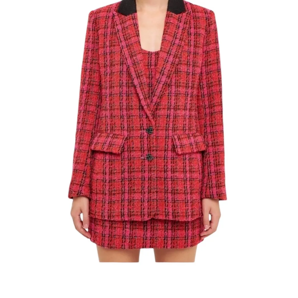 Endless Rose NEW Plaid Bouclé Blazer Red & Pink - Image 3
