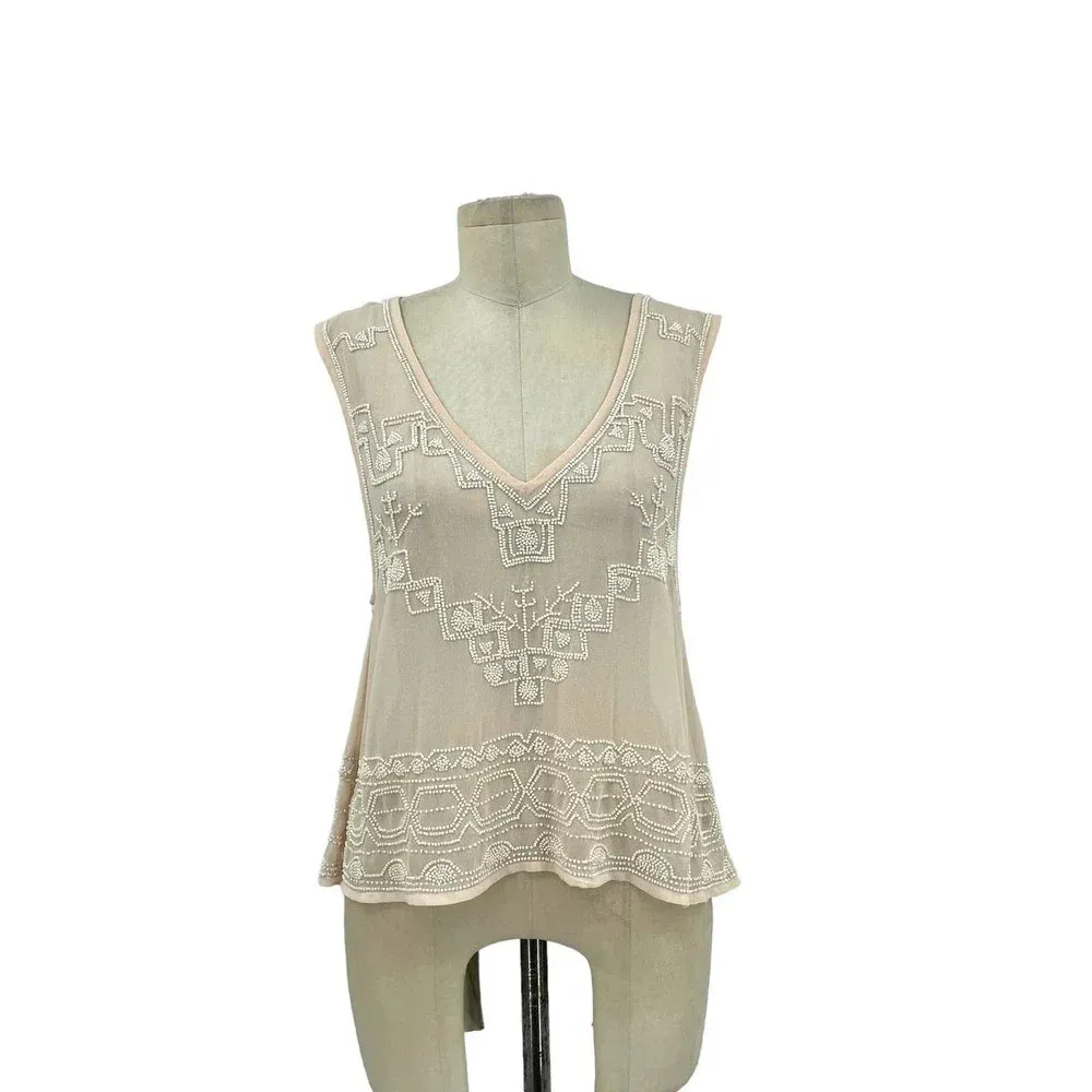 Free‎ People Pale Pink Beaded Sheer Tank Top Size XS - Image 3
