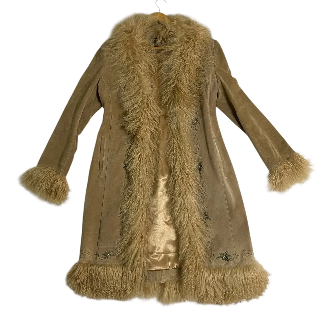 Vintage Y2K Colebrook Penny Lane Coat Camel Suede Mongolian Lamb Fur 2001 Rare Tan Size M - Image 2