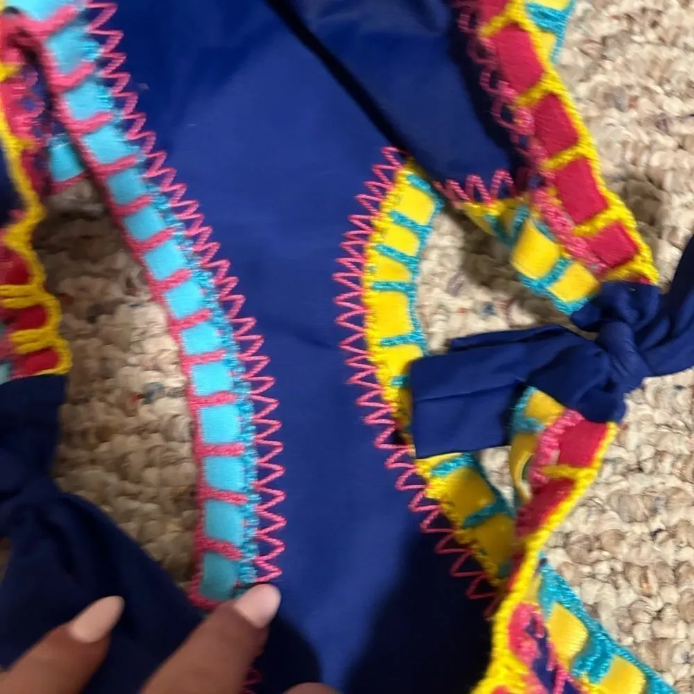 NWT PILYQ Platinum Crochet Rainbow Side Tie Bikini Bottoms Blue- Size Large - Image 7