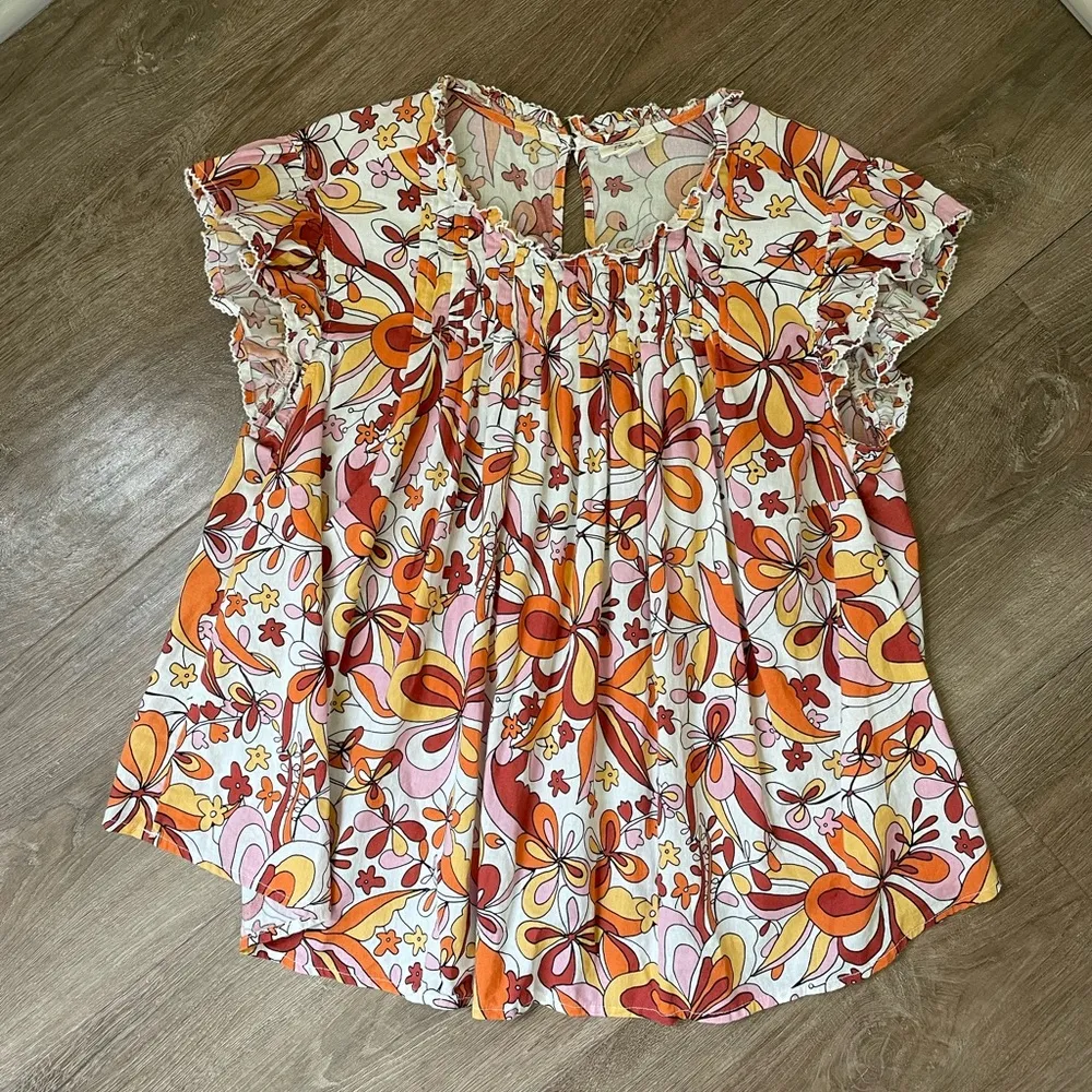 a.n.a. Short Sleeve Retro Printed Floral Blouse Colorful ~ Women’s Size 0X - Image 3