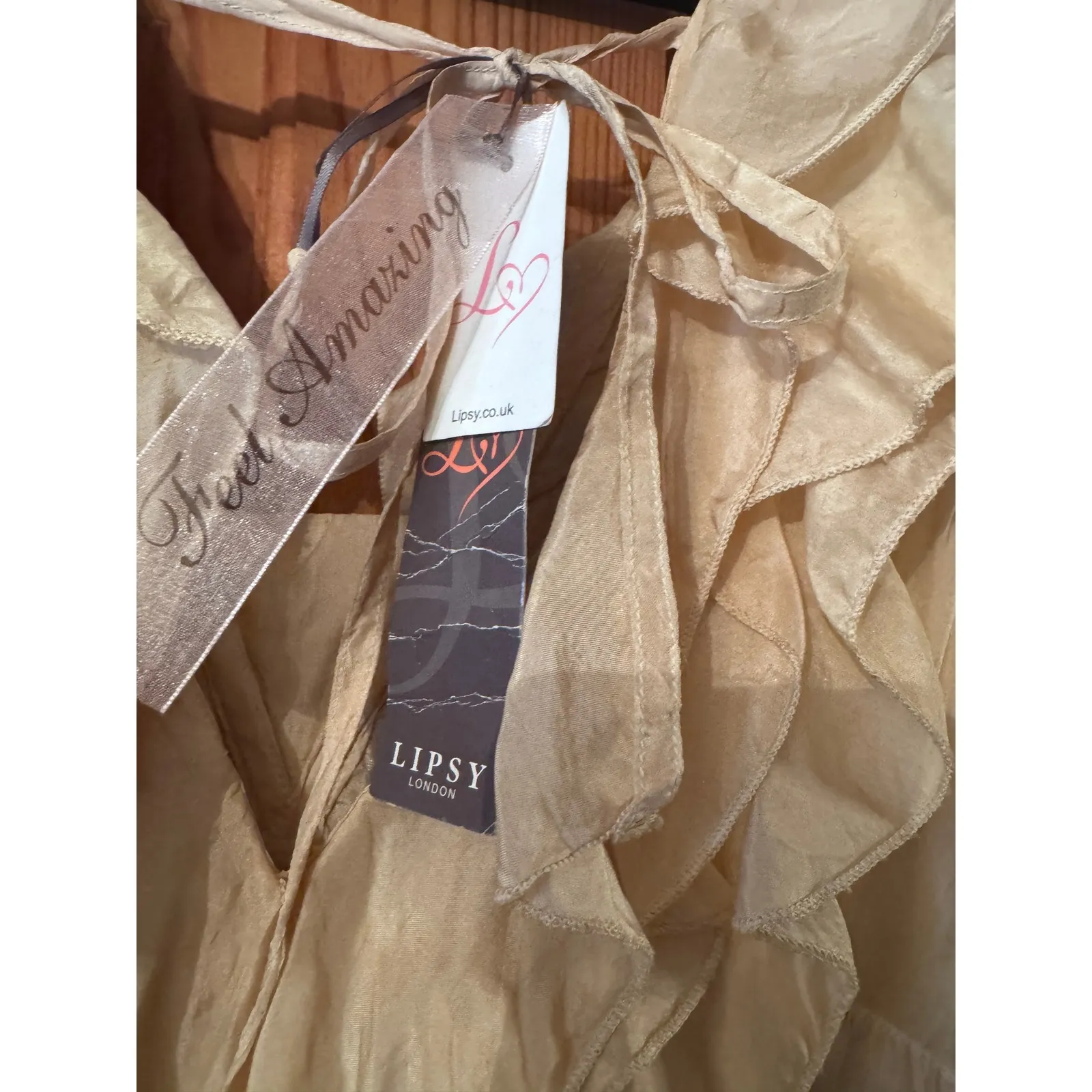 Lipsy London Dress Size 14 Brown Beige Dip Dye V Neck Frill Party 1005 SILK - Image 5