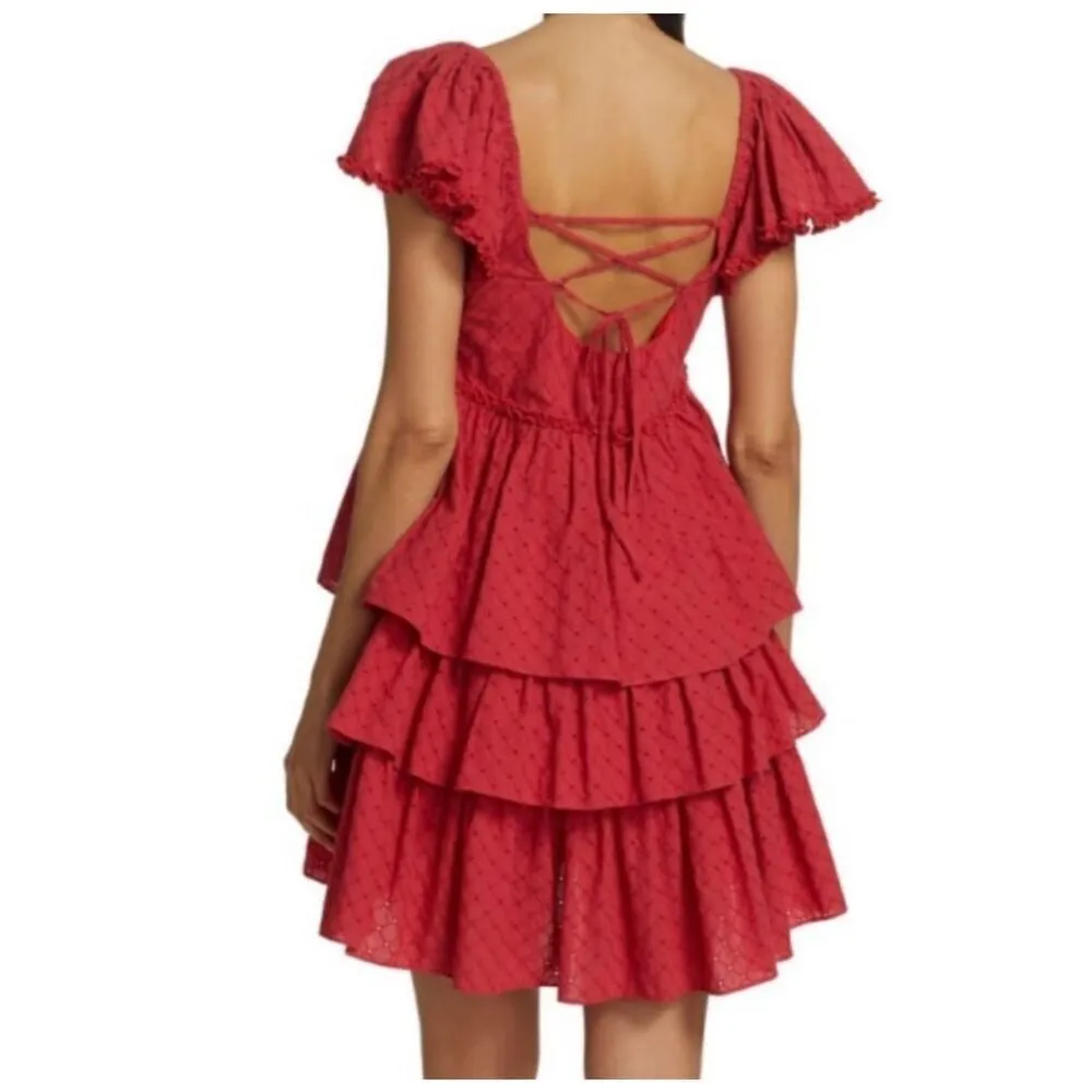 Cinq a Sept NWT Marcia Tiered Mini Dress Red Ruffle Eyelet Laceup Cotton Sz 4 - Image 3