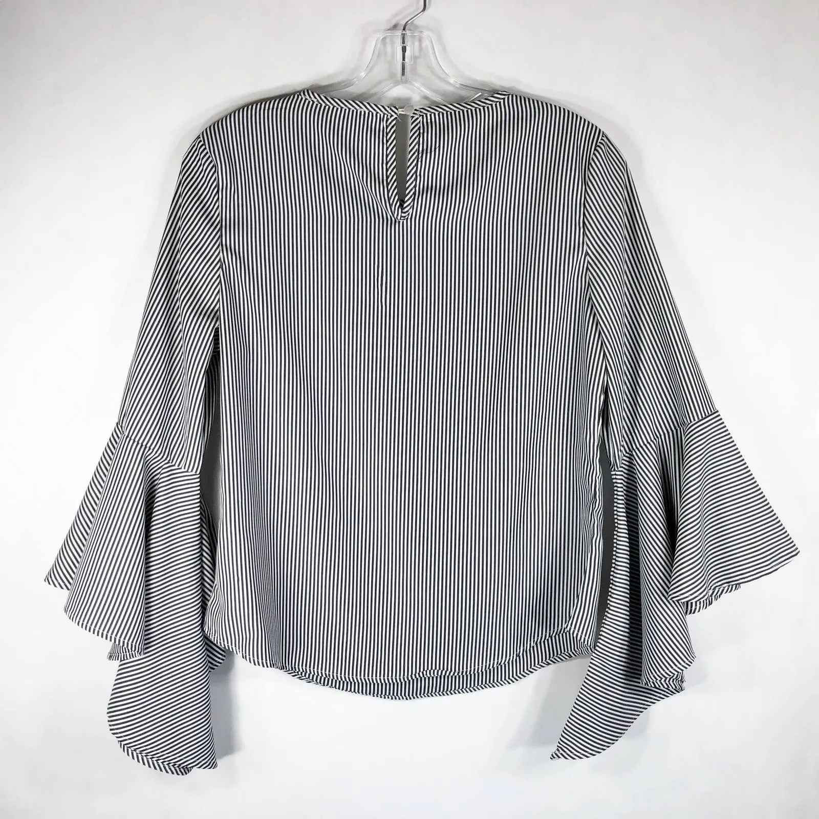 Kontrol Small Top Dramatic Bell Sleeve Black White‎ Stripe Pearl Bead Front 1283 - Image 2