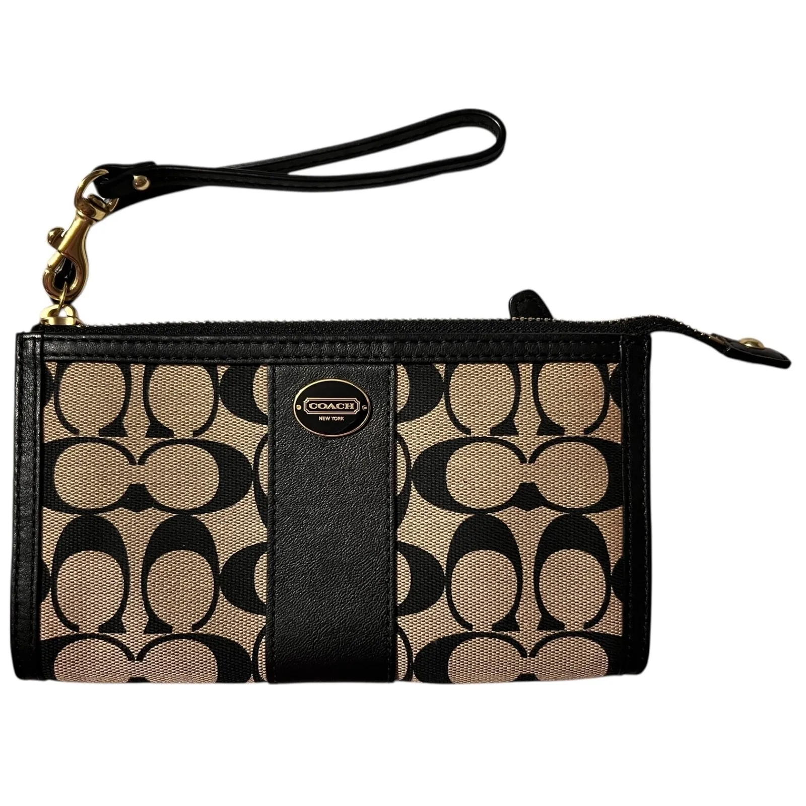 Coach Signature Jacquard Accordion Zip Wallet Black Leather Trim - Image 2