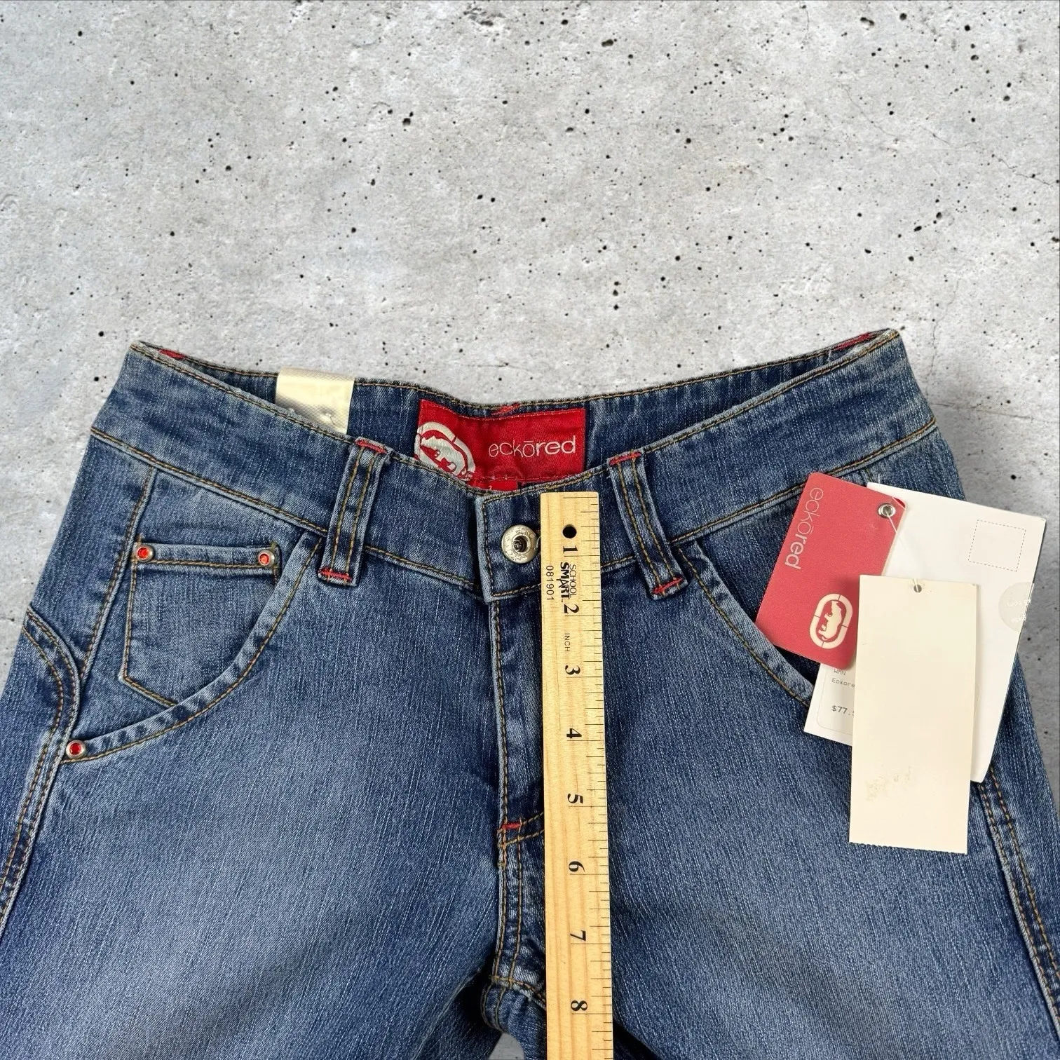 Vtg Y2K Ecko Red Deadstock Low Rise Flare Jeans Angel Wings‎ Embroidered Sz 7 Blue - Image 6