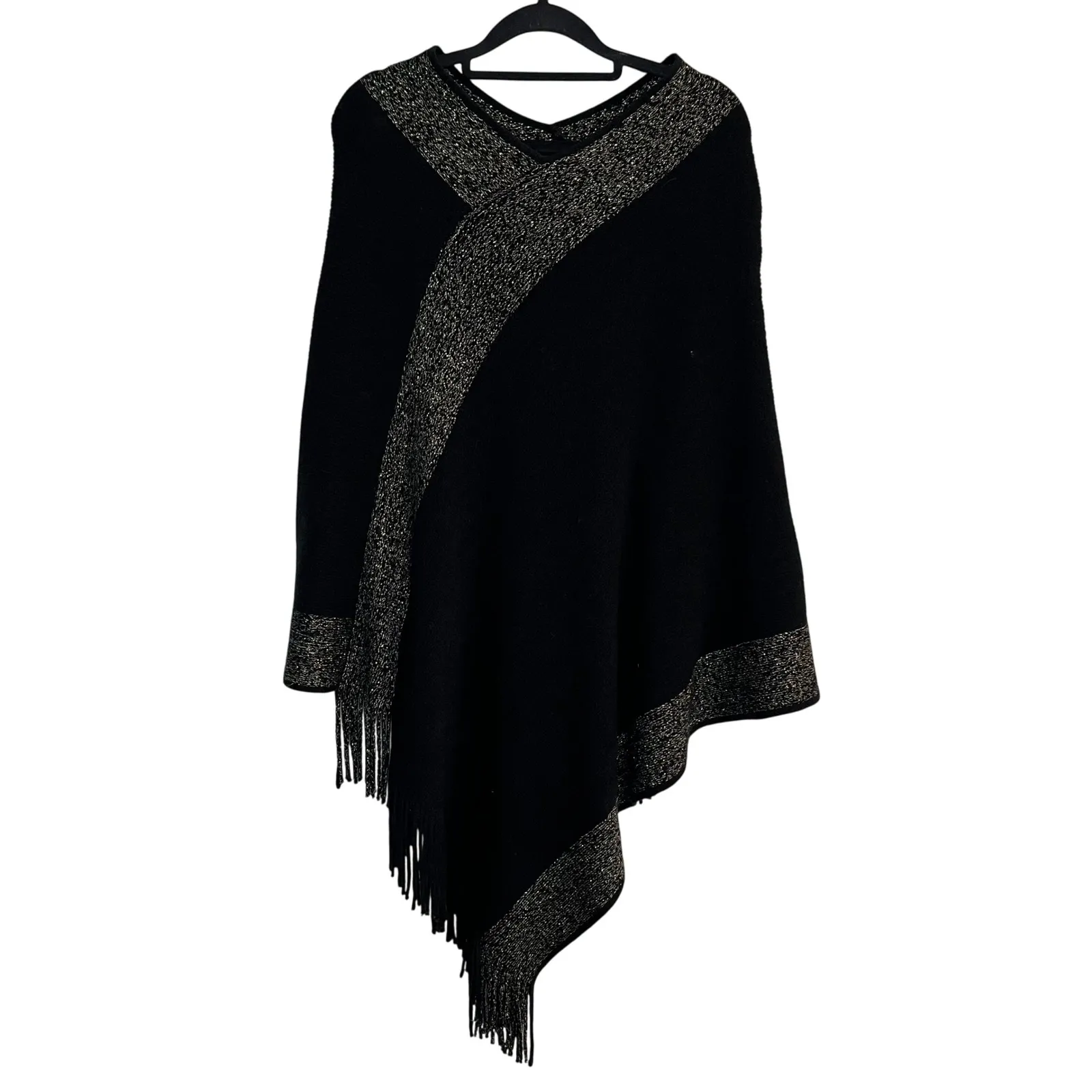 Cejon Y2K Black Poncho Cape Gold Metallic Fringe Boho Fall One Size Fits Most - Image 2