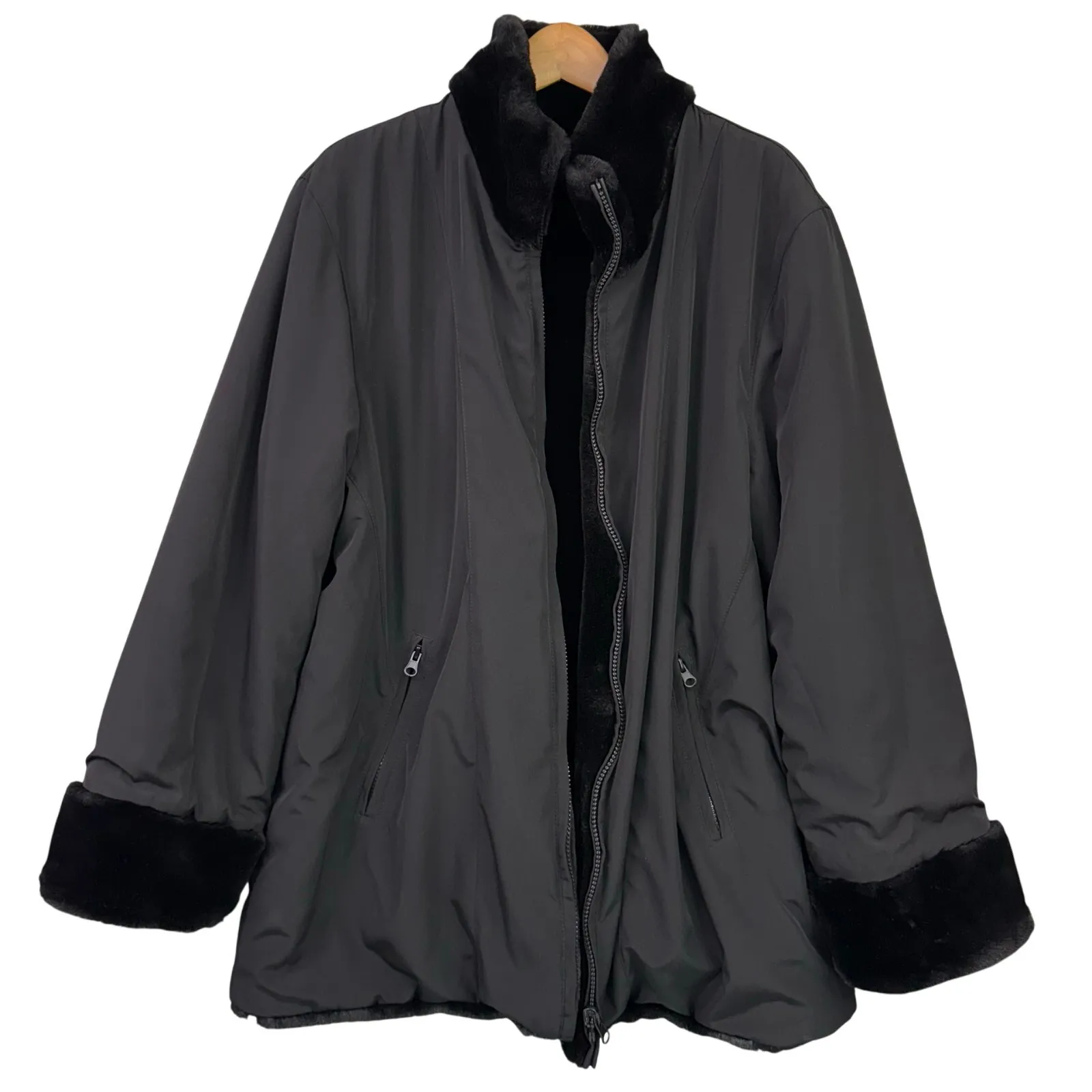 Westbound Vintage Faux Fur Black Coat Reversible Medium Raincoat Winter Jacket - Image 2