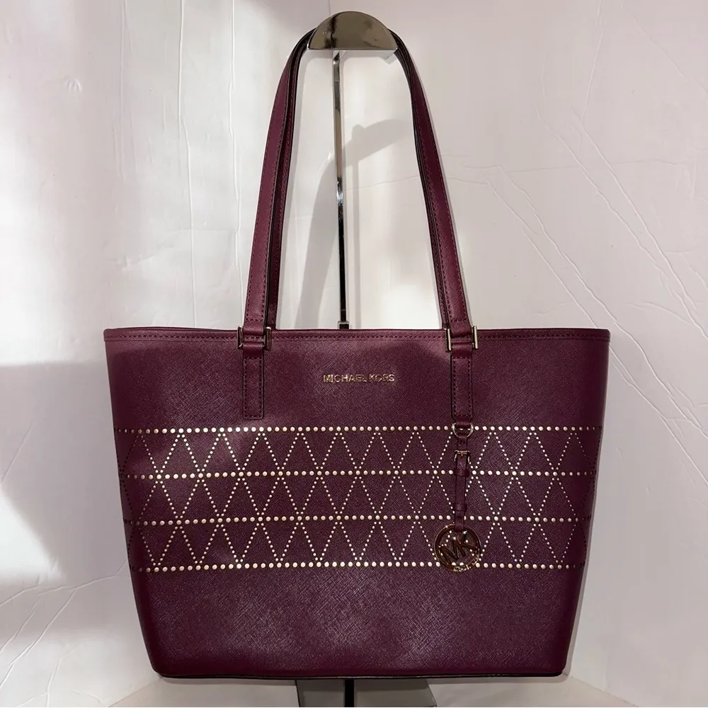 Michael Kors MD Carry All w/ Matching Large Zip Clutch in Plum w/ gold accents - Image 3