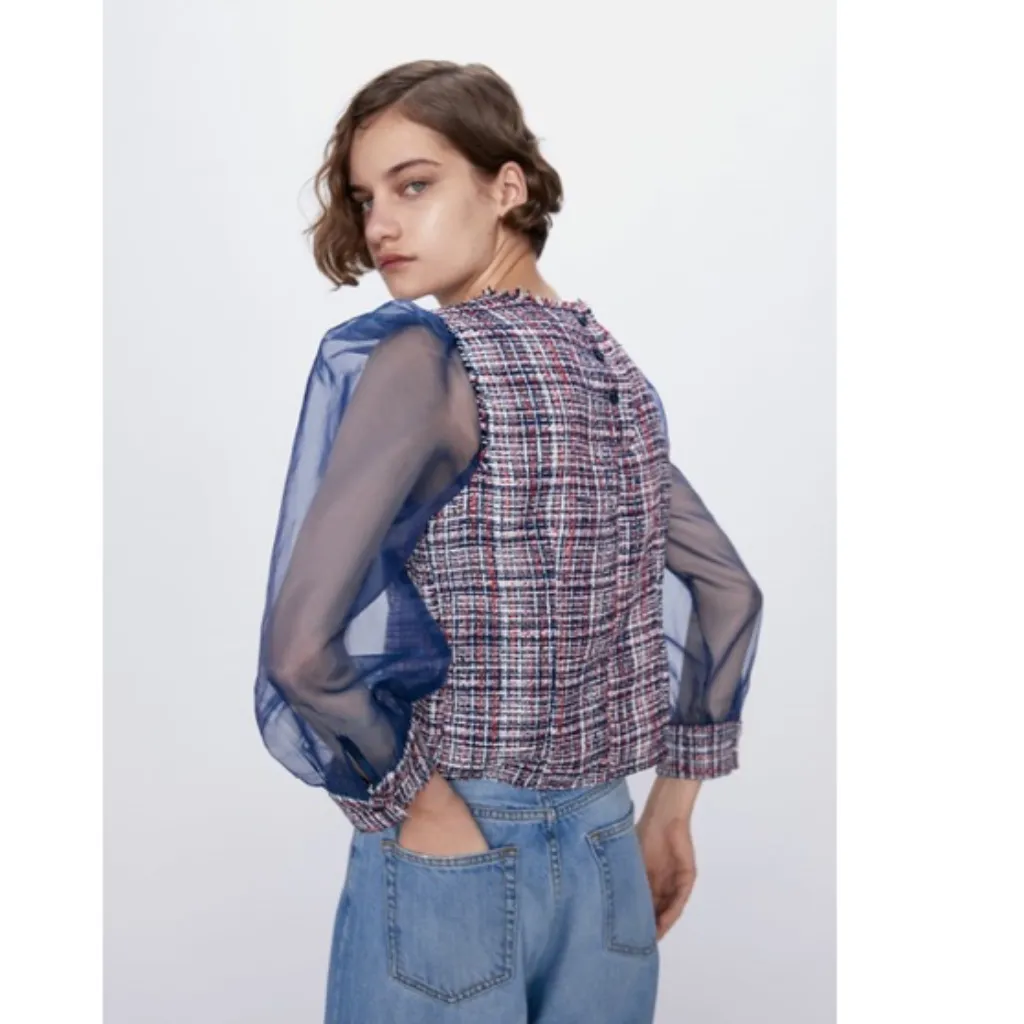 NWOT Zara ORGANZA AND TWEED Plaid TOP Blouse - Image 8