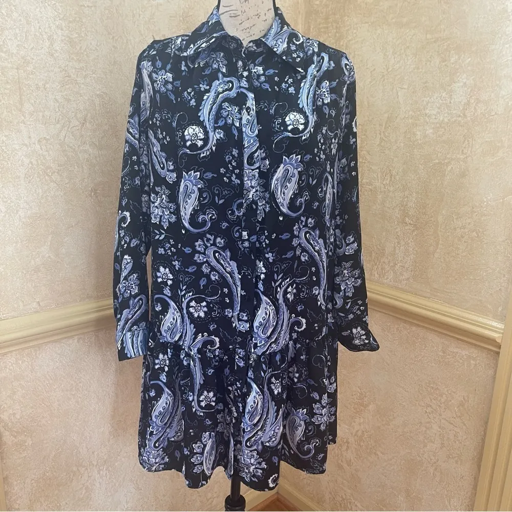 ZARA PRINTED SHIRT FLOUNCED DRESS BLUE BLACK PAISLEY PRINT LONG SLEEVES SZ S - Image 3