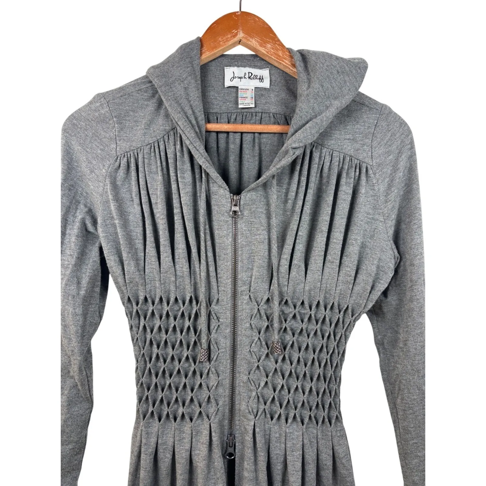 Joseph Ribkoff Size 8 Zip Sweater Gray Hooded Long Sleeve Diamond Detail Jacket - Image 2