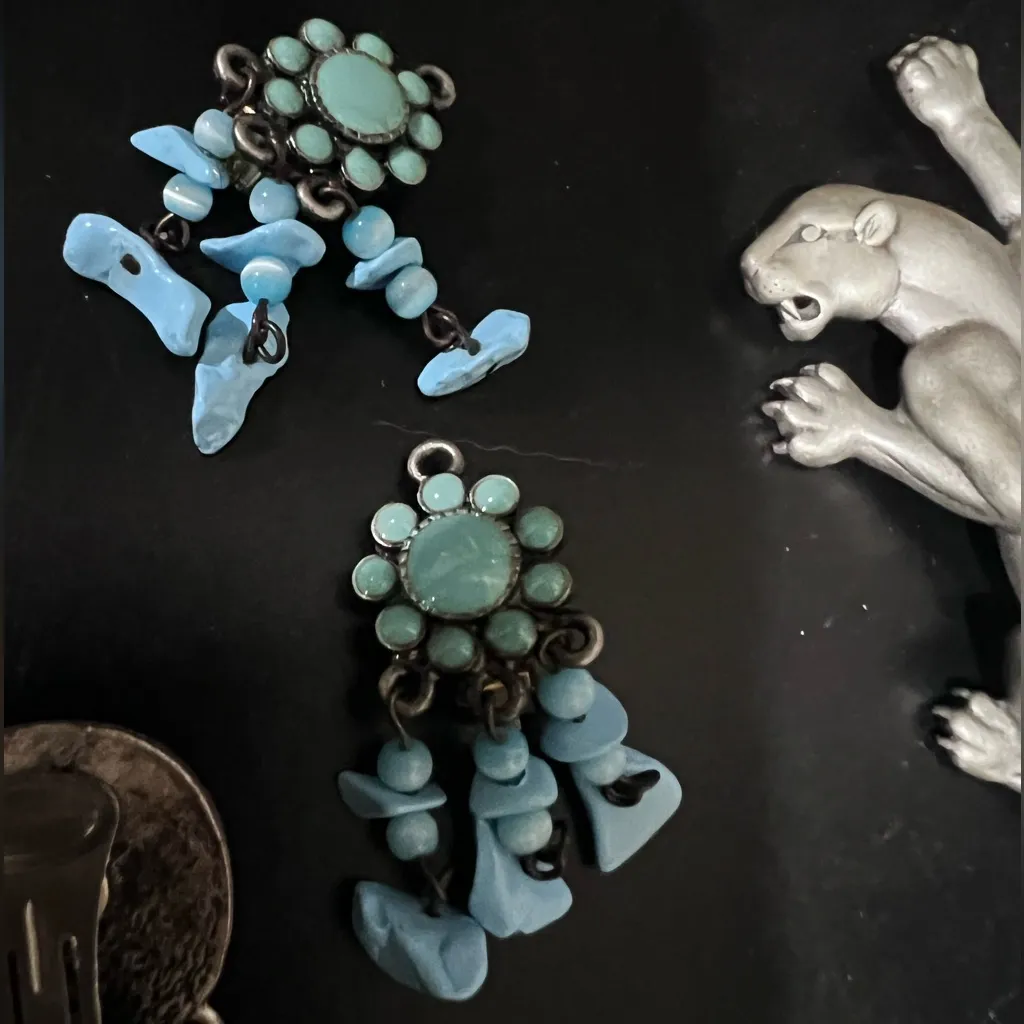 Turquoise Floral Dangle Earrings Blue - Image 2