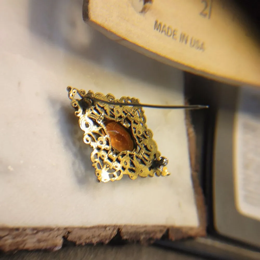 Antique Victorian Brass Filigree Brooch Yellow Orange Amber Colored Glass - Image 16