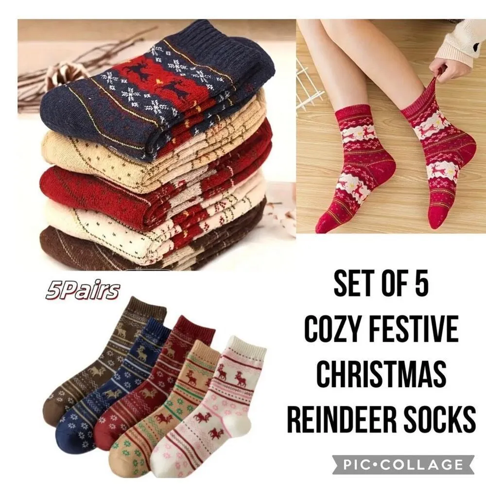 Novelty Christmas Reindeer Winter Socks Set of 5 Red - Image 2