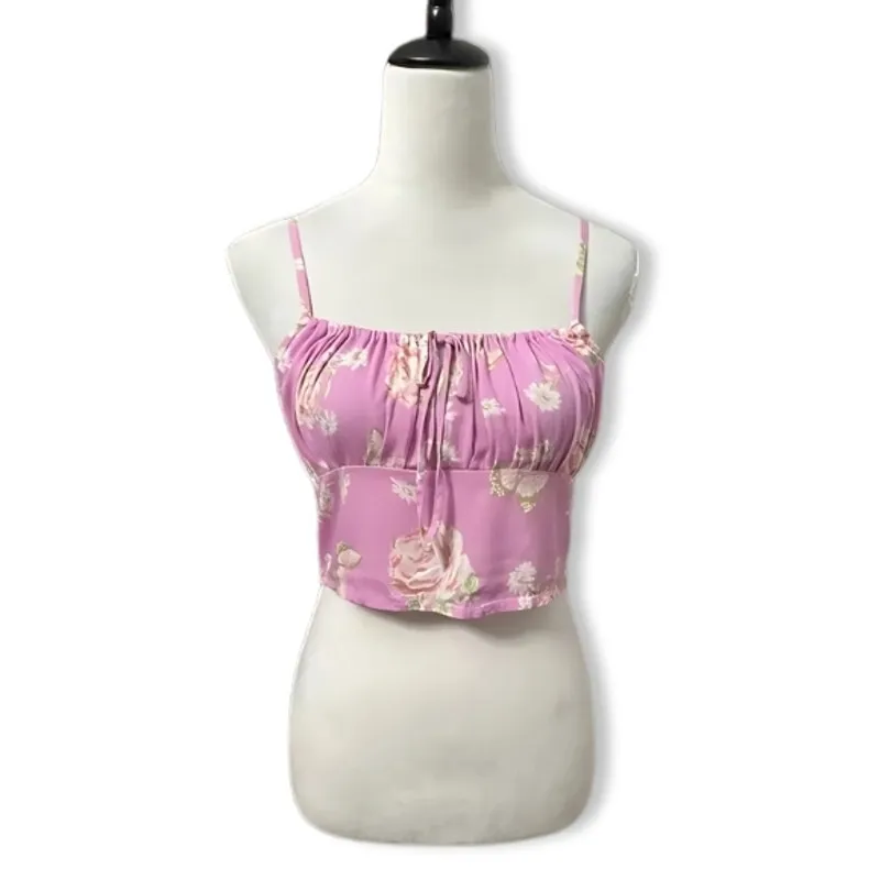 BP Floral Crop Tank Top Spaghetti Strap Ruched Straight Neck Pink Women's S NWOT - Image 2