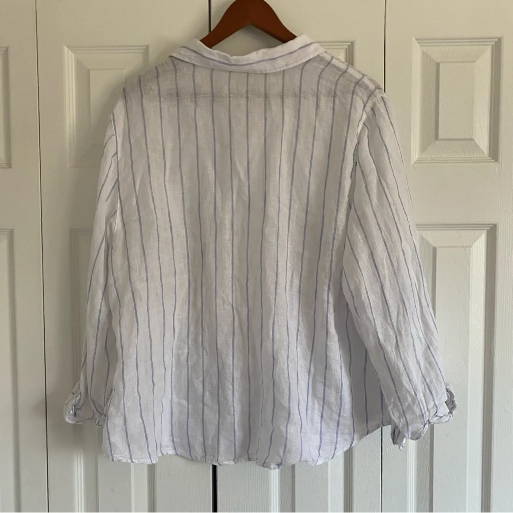 Joie Women XL Button Up Shirt 100% Linen White Stripe Sheer Coastal Beach - Image 9