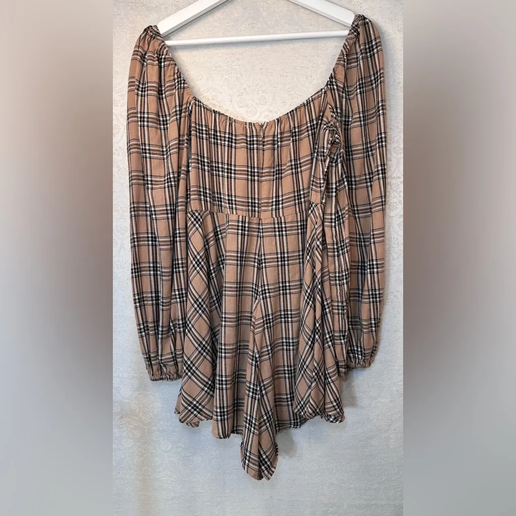 Princess Polly Olivia Romper Multi Tan Plaid Fit & Flare Long Sleeve Size US 10 - Image 5