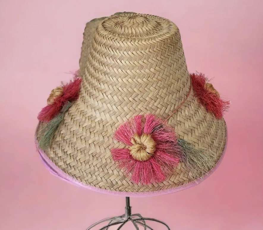 Handwoven Pink Fleur Straw Bohemian Hat - Image 2