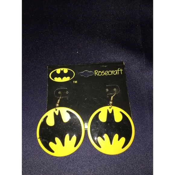 VTG DC‎ Comic 1964 Rosecraft Black Yellow Bat Symbol Batman Metal Earrings - Image 2