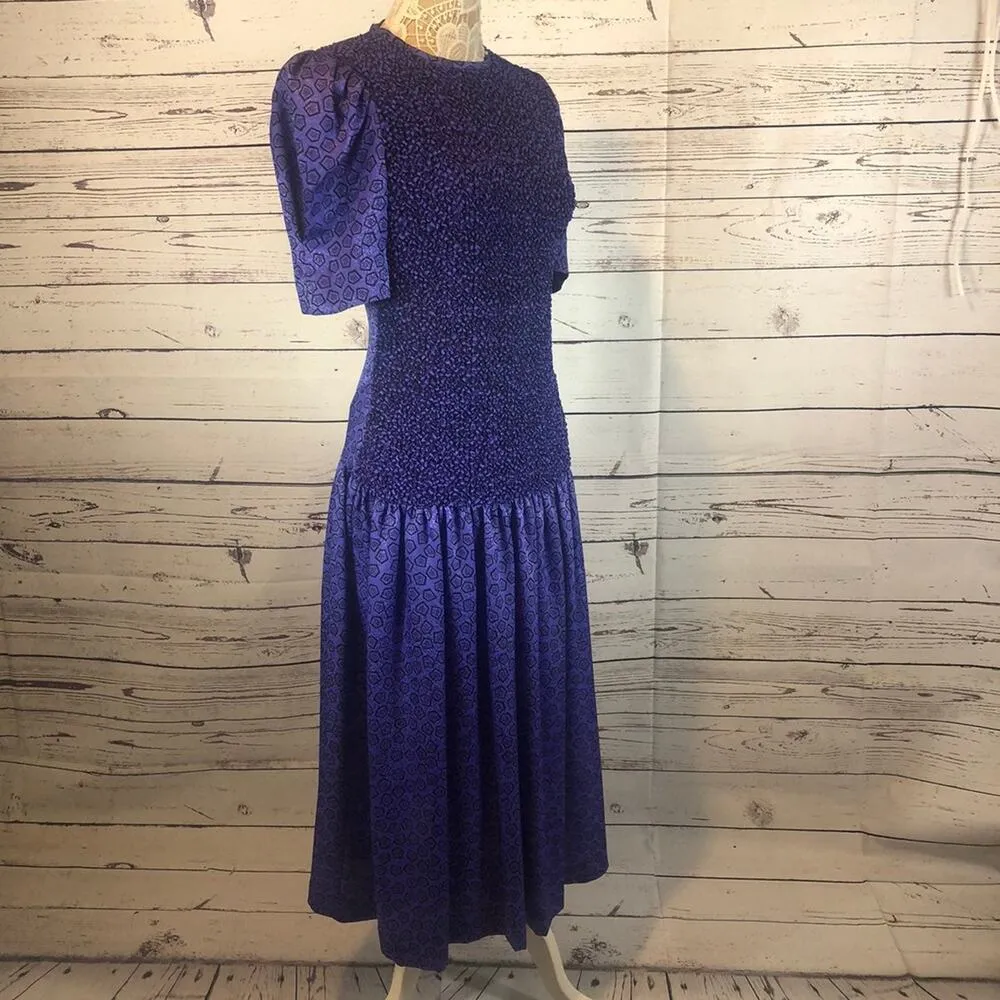 Vintage Plaza south drop waist puffy sleeves smocked purple blk dress size small - Image 9