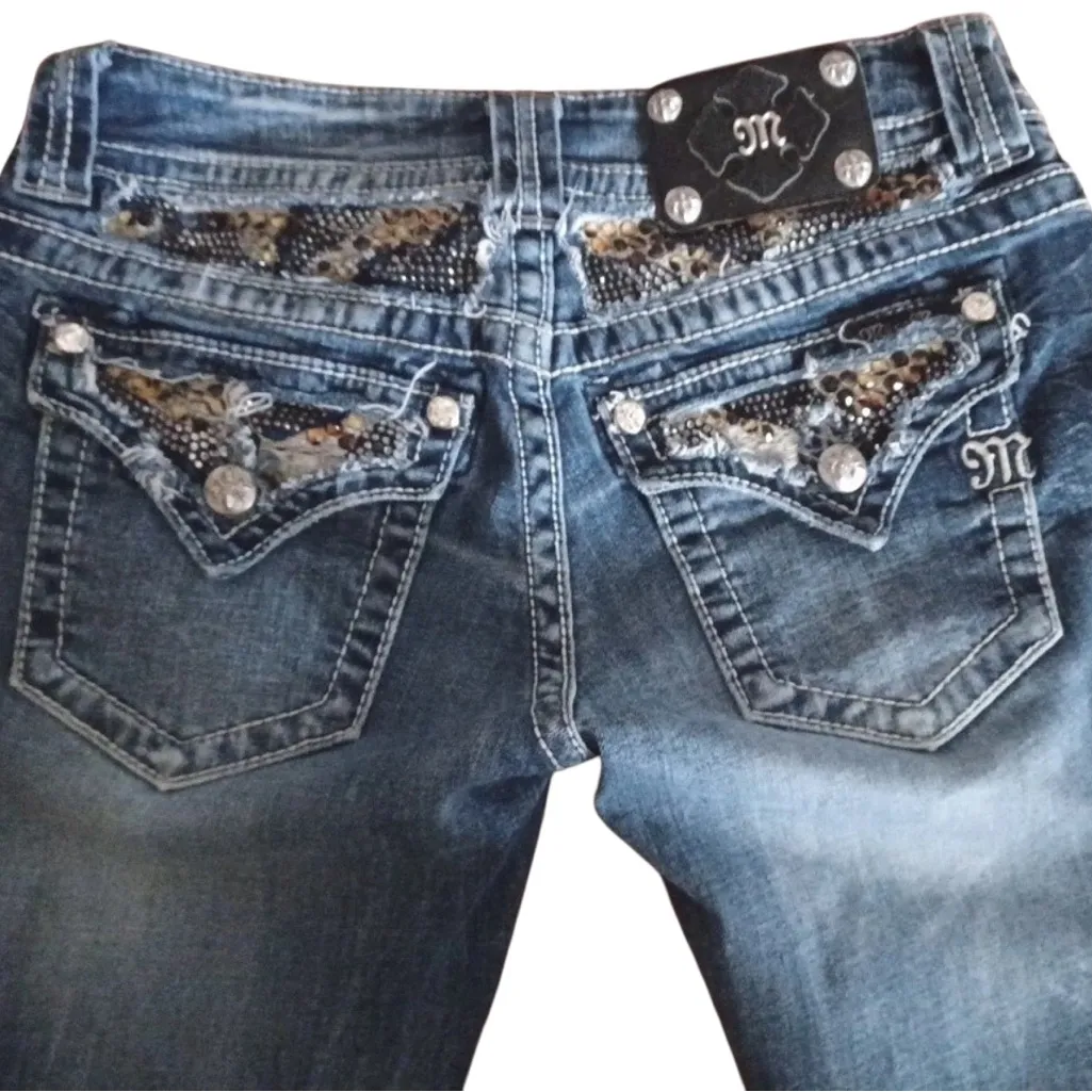 Miss Me Dark Blue Denim Jeans with Silver Accents TONS of BLING! - Image 4