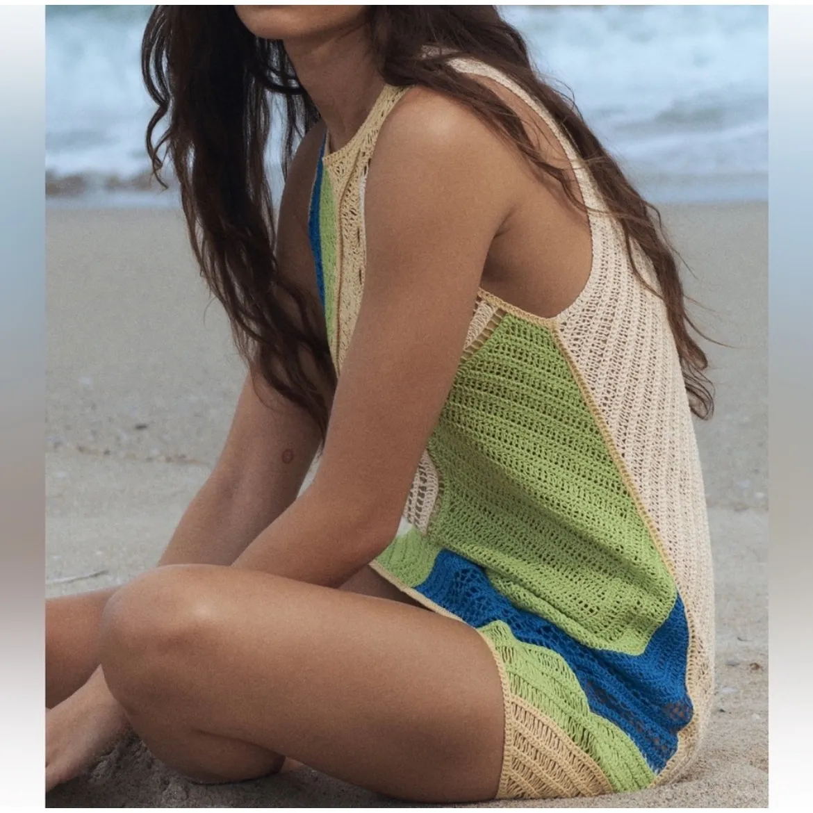 Zara Colorful Crochet Knit Dress Sz Medium Lime Green Blue Cream Sleeveless Mini - Image 3