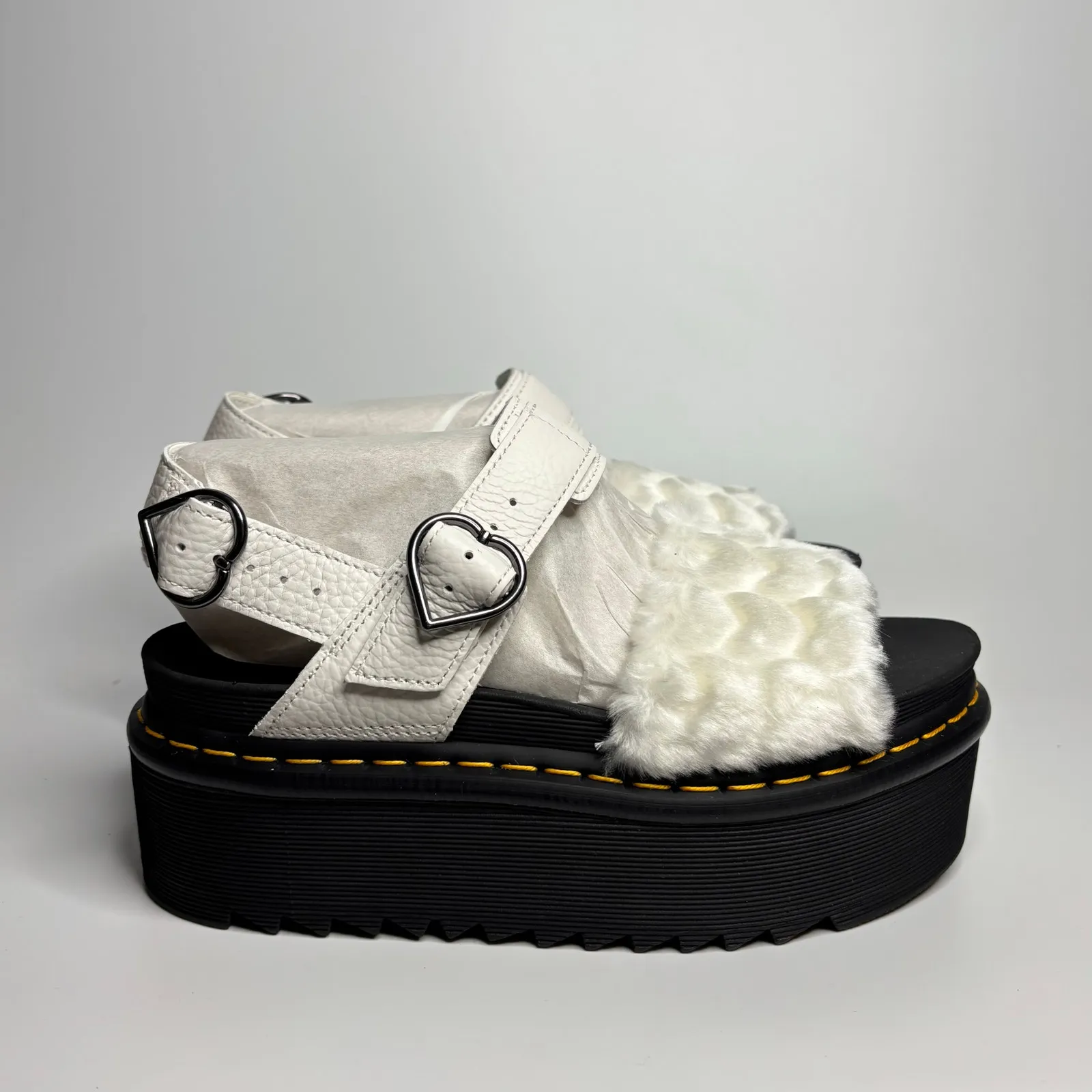 Dr. Martens Voss Heart Fluffy Faux Fur Platform Sandals in White Milled Nappa - Image 5